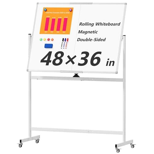 Large Rolling Whiteboard on Wheels, 48" x 36" Double