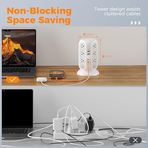 TESSAN Tower Power Strip Surge Protector, Flat Extension Cord 10 Ft, Grey thumbnail 3