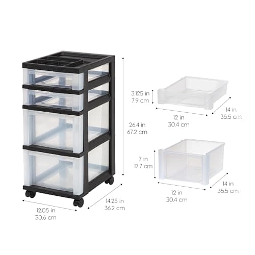 IRIS USA 4-Drawer Rolling Storage Cart, Black/Clear thumbnail 2