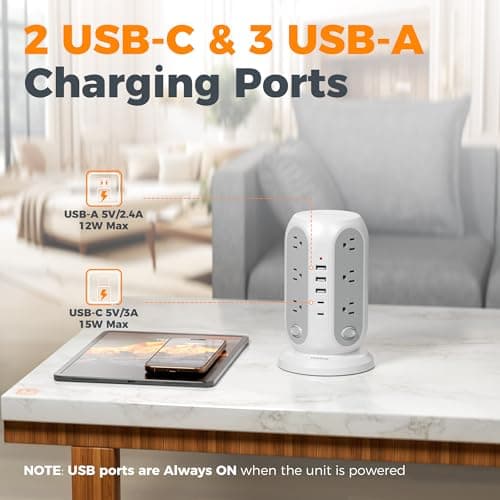 TESSAN Tower Power Strip Surge Protector, Flat Extension Cord 10 Ft, Grey thumbnail 4