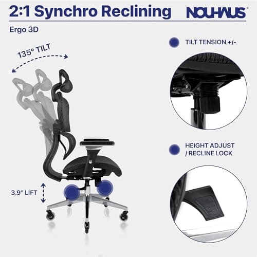 NOUHAUS Ergo3D Ergonomic Office Chair with 4D Adjustable Armrest and 3D Lumbar Support thumbnail 5