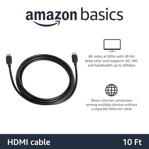 Amazon Basics Ultra High Speed HDMI 2.1 Cable, 48Gbps, 8K at 60Hz, 4K at 120Hz, Dolby Vision, eARC, 6 Foot, Black thumbnail 2