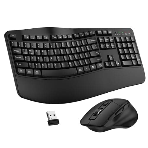 Wireless Keyboard and Mouse Combo, 2.4G Full Size Wave Keys Ergonomic Keyboard with Wrist Rest and 3
