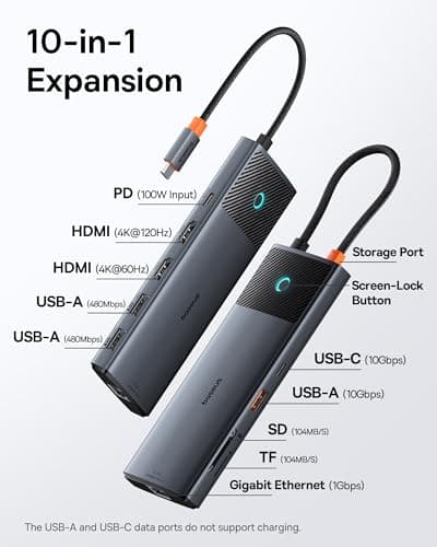 Baseus Docking Station Dual Monitor 10Gbps 10 in 1 USB C Hub with 2 HDMI thumbnail 2