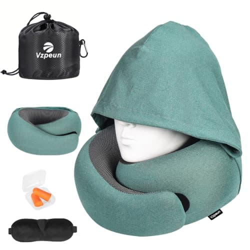 Vzpeun Travel Pillow - Hooded Neck Pillow Airplane Memory Foam Filling