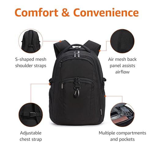 Amazon Basics Travel Laptop Backpack with Multiple Pockets and Compartments for 17 inch Laptop, Water Resistant, Black thumbnail 2