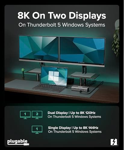 Plugable Thunderbolt 5 Docking Station for MacBook Pro and Windows, 140W Charging, Dual 6K@60Hz Mac, Dual 8K Windows, 80/120Gbps, 3X Thunderbolt 5 Ports, 2.5GbE, Driverless (TBT-UDT3) thumbnail 4
