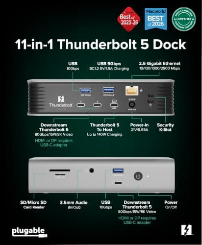Plugable Thunderbolt 5 Docking Station for MacBook Pro and Windows, 140W Charging, Dual 6K@60Hz Mac, Dual 8K Windows, 80/120Gbps, 3X Thunderbolt 5 Ports, 2.5GbE, Driverless (TBT-UDT3) thumbnail 5