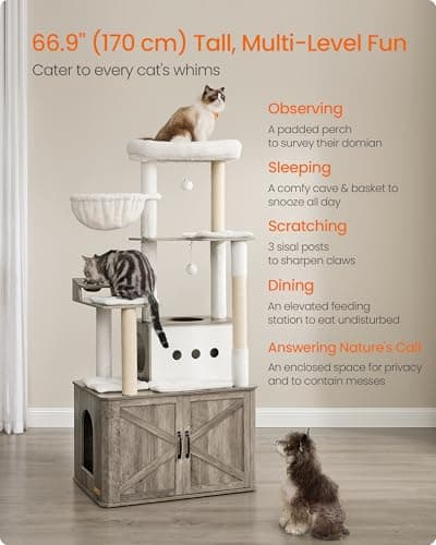 FEANDREA Cat Tree with Feeding Bowl, 64.6-Inch thumbnail 3