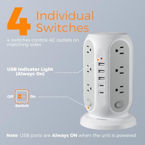 TESSAN Tower Power Strip Surge Protector, Flat Extension Cord 10 Ft, Grey thumbnail 2