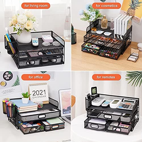 Marbrasse 3-Tier Mesh Desk Organizer with Drawer, Multi-Functional Paper Letter Tray with 2 Pen Holders thumbnail 4