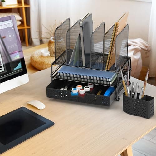 SimpleHouseware Mesh Desk Organizer with Sliding Drawer, Double Tray and 5 Upright Sections thumbnail 4