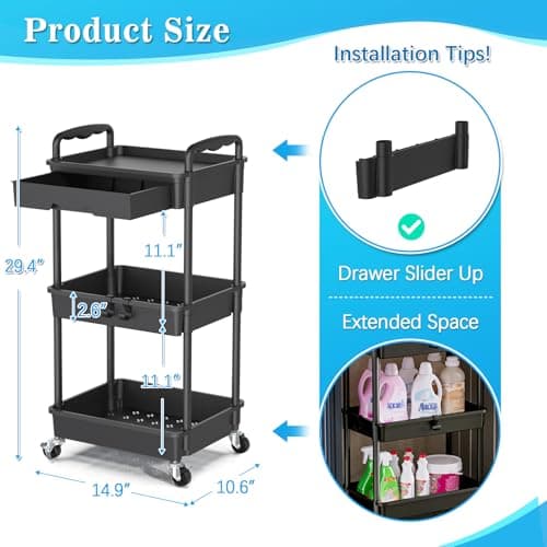 SUNALLY 3 Tier Rolling Cart with Drawer, Craft Storage Cart Organizer thumbnail 2