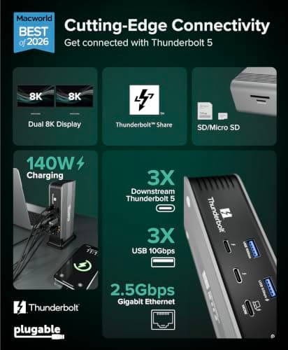 Plugable Thunderbolt 5 Docking Station for MacBook Pro and Windows, 140W Charging, Dual 6K@60Hz Mac, Dual 8K Windows, 80/120Gbps, 3X Thunderbolt 5 Ports, 2.5GbE, Driverless (TBT-UDT3) thumbnail 2