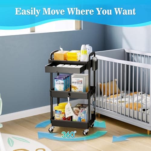 SUNALLY 3 Tier Rolling Cart with Drawer, Craft Storage Cart Organizer thumbnail 5