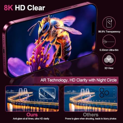 QHOHQ for iPhone 18 Pro Max Screen Protector, 3+3 Pack Tempered Glass with Camera Lens Protectors thumbnail 5