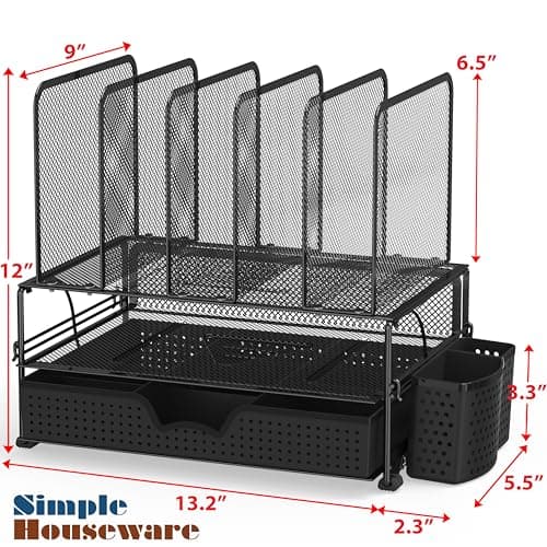 SimpleHouseware Mesh Desk Organizer with Sliding Drawer, Double Tray and 5 Upright Sections thumbnail 2