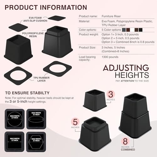 Utopia Bedding Adjustable Bed Risers 3 & 5 Inch, Black, 4-Pack thumbnail 5