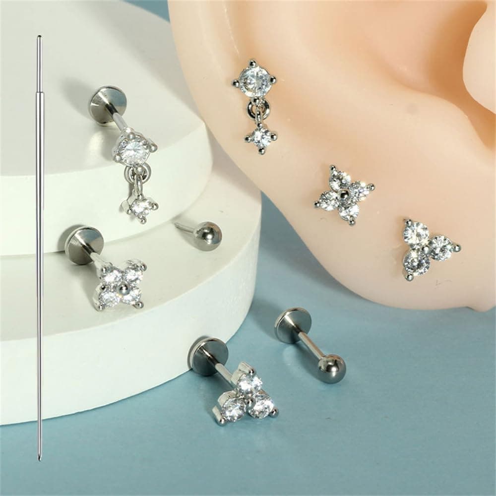 Niaspi 20G Stainless Steel Flat Back Stud Earrings 4 Pairs CZ Flower thumbnail 3