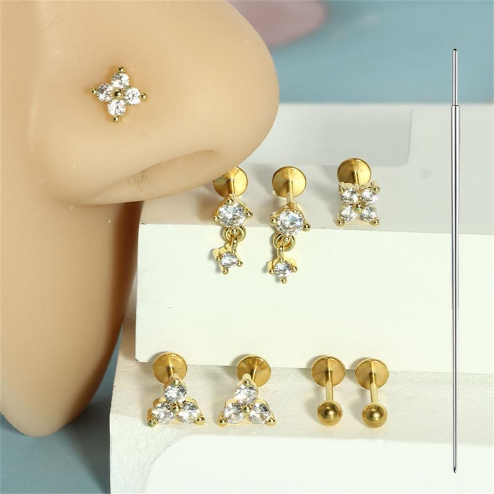 Niaspi 20G Stainless Steel Flat Back Stud Earrings 4 Pairs CZ Flower thumbnail 4
