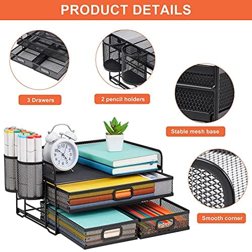 Marbrasse 3-Tier Mesh Desk Organizer with Drawer, Multi-Functional Paper Letter Tray with 2 Pen Holders thumbnail 3