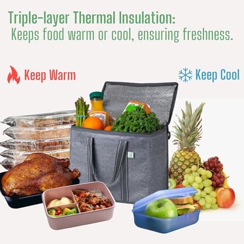 VENO 2-Pack Insulated Reusable Grocery Bags with Zipper and Hard Bottom thumbnail 2