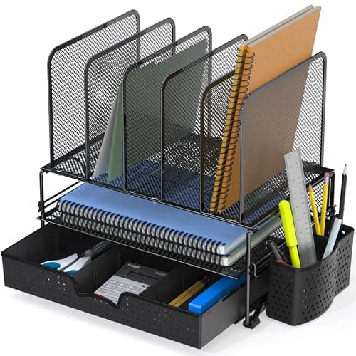 SimpleHouseware Mesh Desk Organizer with Sliding Drawer, Double Tray and 5 Upright Sections thumbnail 5