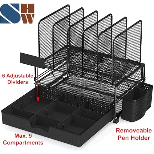 SimpleHouseware Mesh Desk Organizer with Sliding Drawer, Double Tray and 5 Upright Sections thumbnail 3