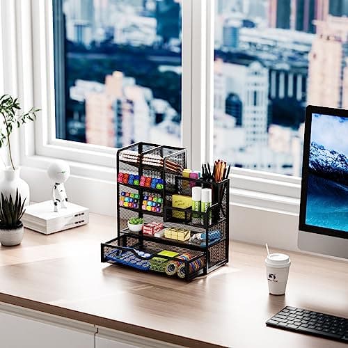 Marbrasse Mesh Pen Holder for Desk, Multi-Functional Pencil Organizer with Drawer thumbnail 4