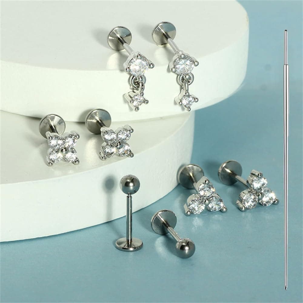 Niaspi 20G Stainless Steel Flat Back Stud Earrings 4 Pairs CZ Flower thumbnail 5
