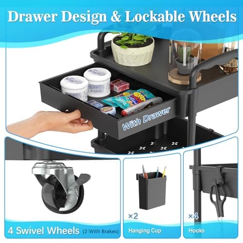 SUNALLY 3 Tier Rolling Cart with Drawer, Craft Storage Cart Organizer thumbnail 3