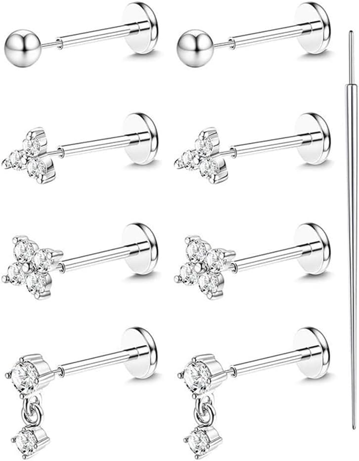 Niaspi 20G Stainless Steel Flat Back Stud Earrings 4 Pairs CZ Flower - image 1