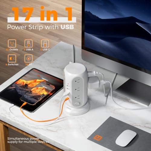 TESSAN Tower Power Strip Surge Protector, Flat Extension Cord 10 Ft, Grey thumbnail 5