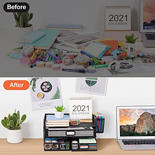 Marbrasse 3-Tier Mesh Desk Organizer with Drawer, Multi-Functional Paper Letter Tray with 2 Pen Holders thumbnail 5