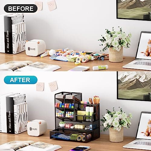 Marbrasse Mesh Pen Holder for Desk, Multi-Functional Pencil Organizer with Drawer thumbnail 3