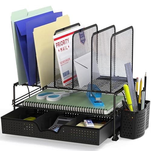 SimpleHouseware Mesh Desk Organizer with Sliding Drawer, Double Tray and 5 Upright Sections - image 1