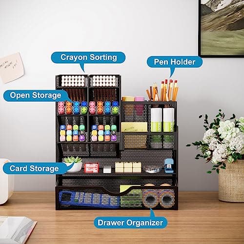 Marbrasse Mesh Pen Holder for Desk, Multi-Functional Pencil Organizer with Drawer thumbnail 2