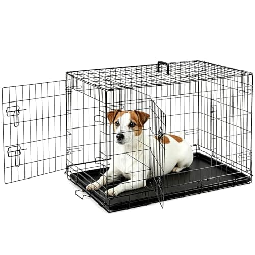 Sweetcrispy 36 Inch Dog Crate, Medium Crates Double Door Folding Metal Wire Dog Cage with Plastic Leak