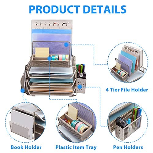 DESIGNA Stackable Mesh Desk Organizer with 3 Sliding Letter Trays, 4 File Holders, 2 Side Compartments and Pencil Holder thumbnail 3