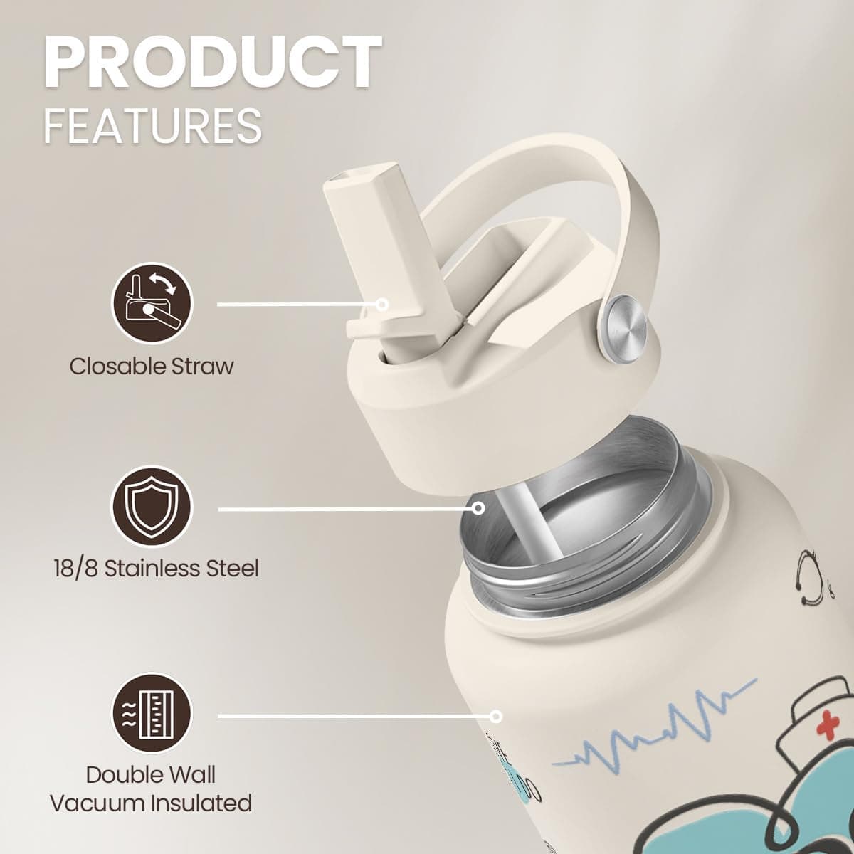 SANDJEST Nurse Water Bottle 32oz Stainless Steel Insulated thumbnail 2