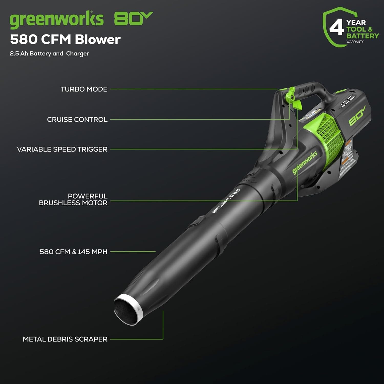 Greenworks 80V Pro BL80L2510 Cordless Leaf Blower thumbnail 2