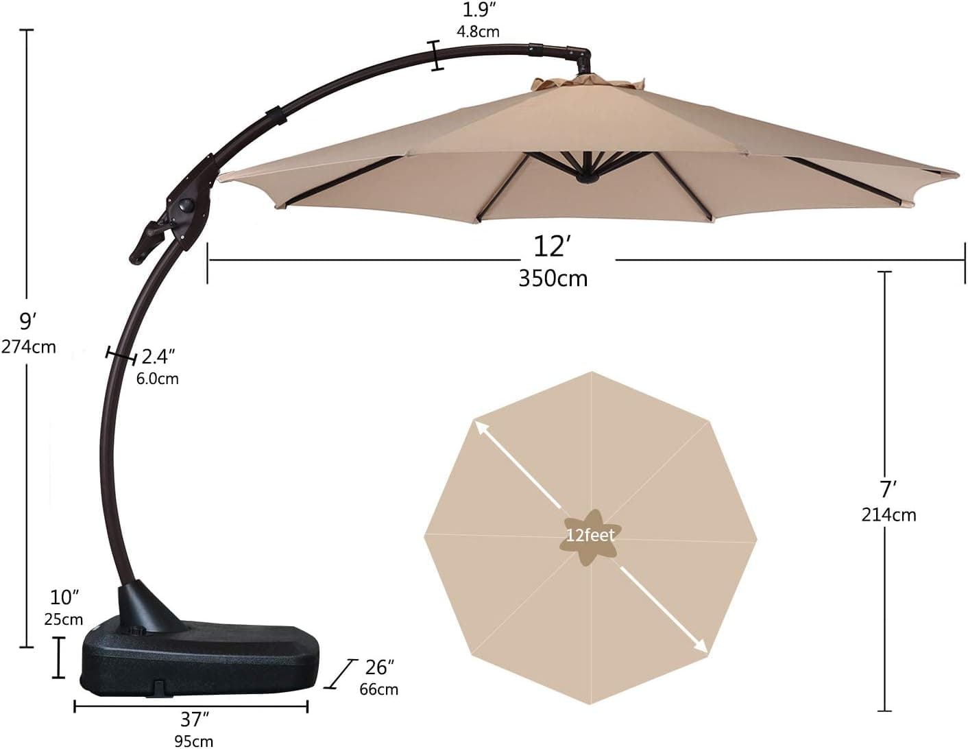 Grand Patio Deluxe NAPOLI 12 FT Curvy Aluminum Offset Cantilever Umbrella with Base thumbnail 3