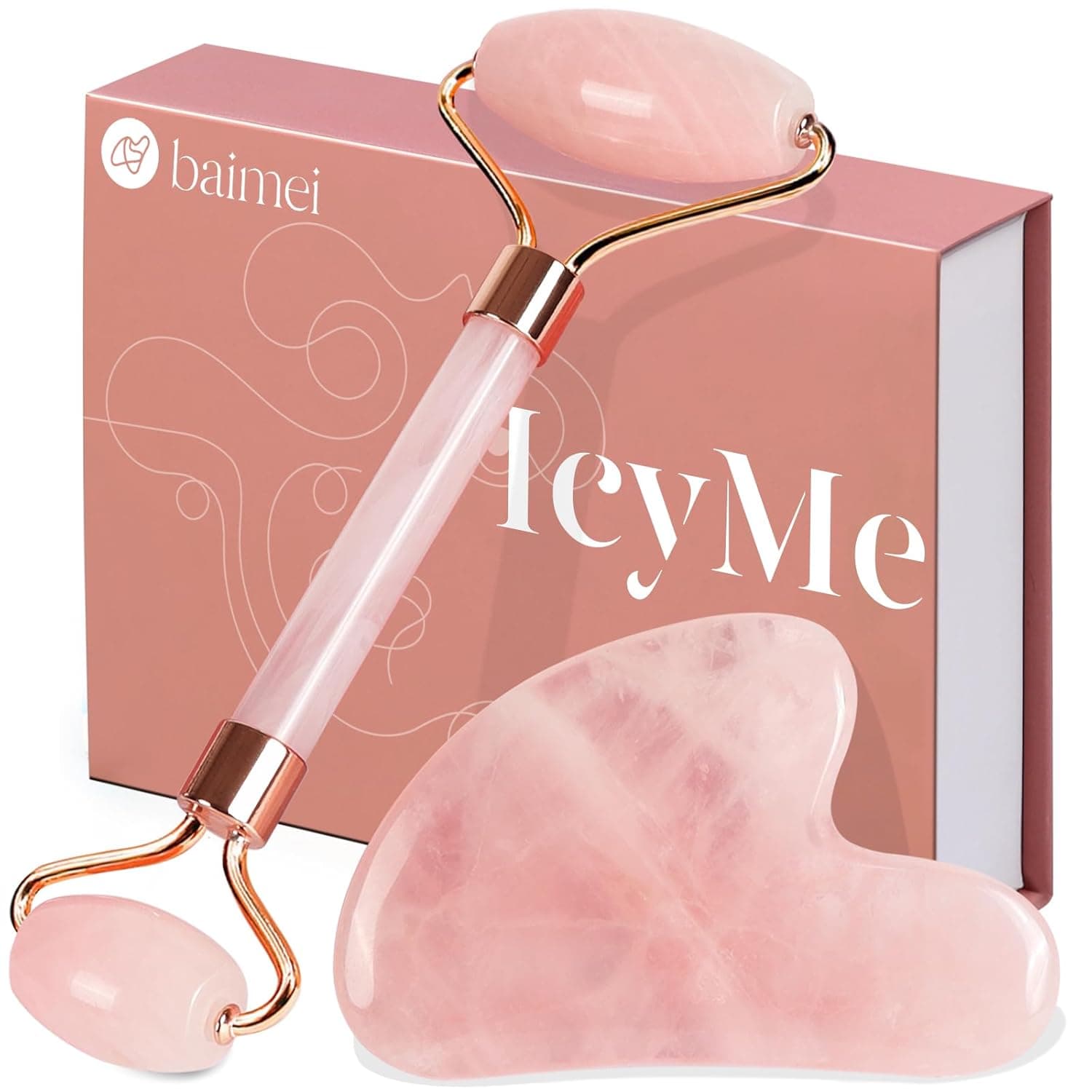 BAIMEI Rose Quartz Jade Roller & Gua Sha Set