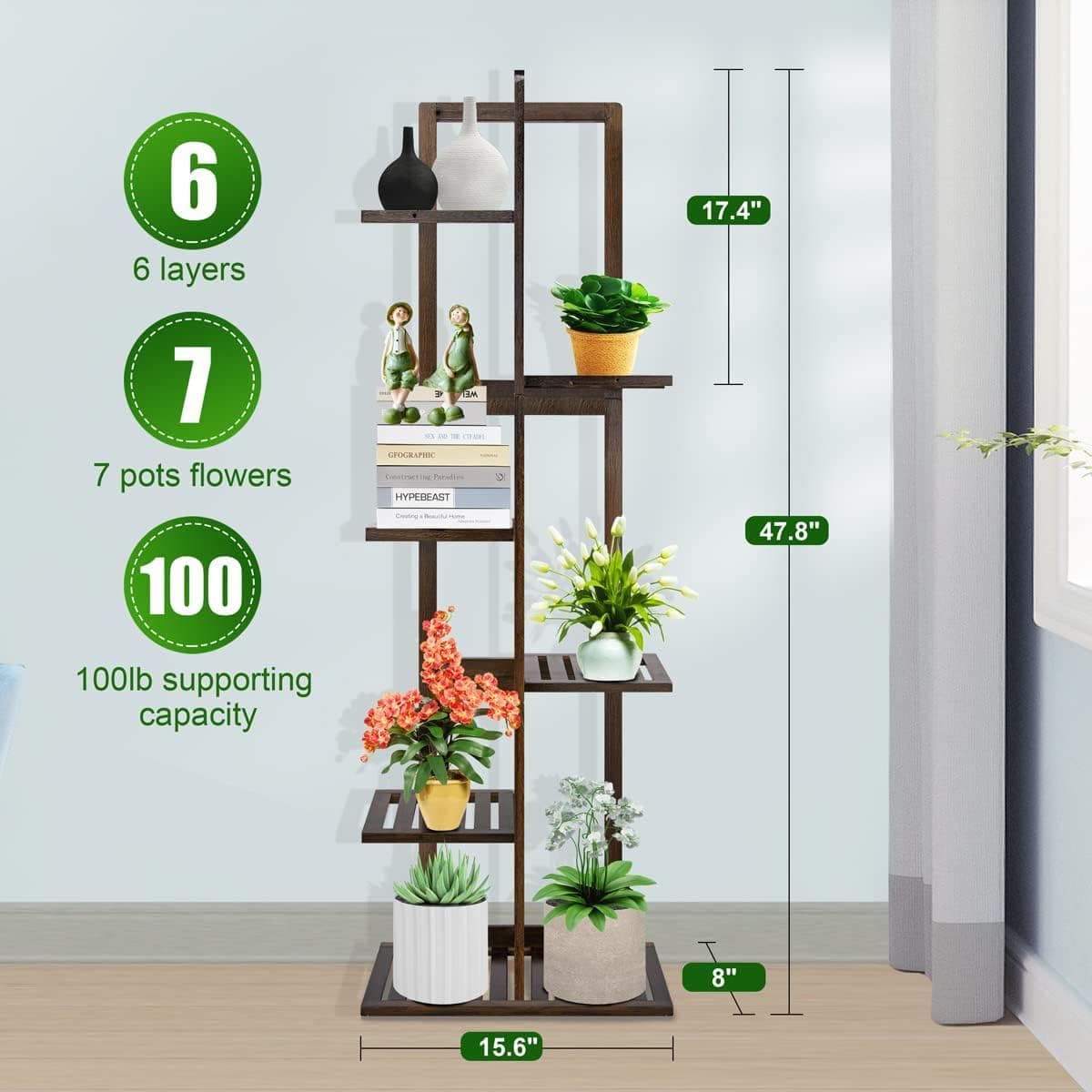 OERGKE Bamboo 6-Tier Plant Stand — 7 Potted Tall Shelf Indoor Outdoor thumbnail 3