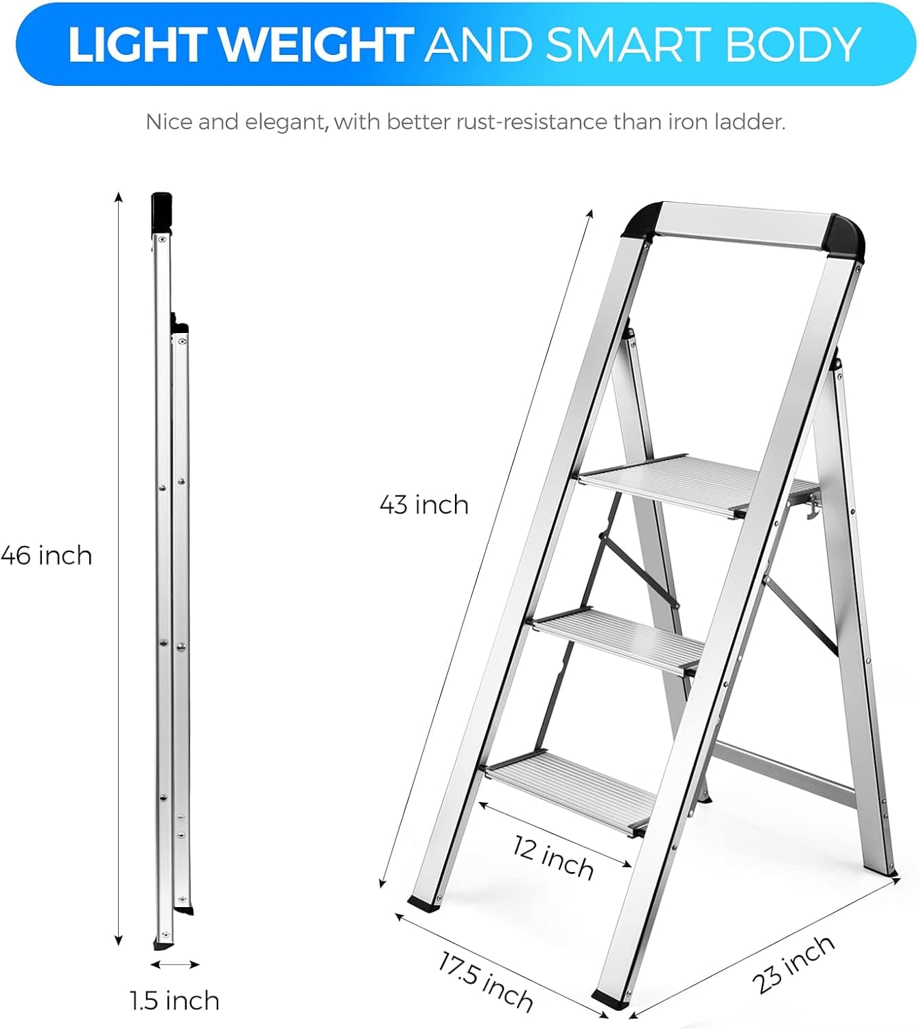 Delxo 3 Step Aluminum Folding Ladder thumbnail 2