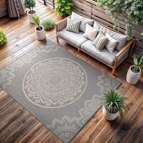 CAMILSON Outdoor Rug 8x10 Medallion Grey/White thumbnail 5