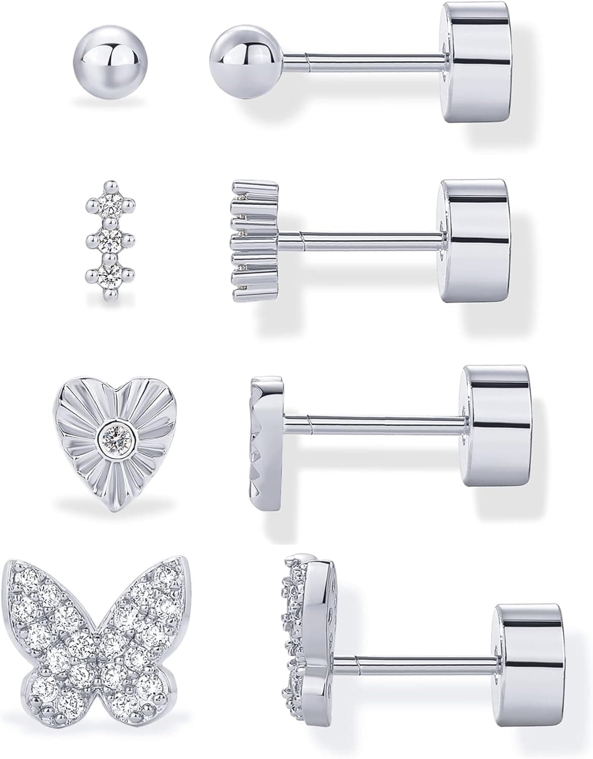 PAVOI Rhodium Plated Dainty Butterfly Heart CZ Flat Back Earrings Set - image 1