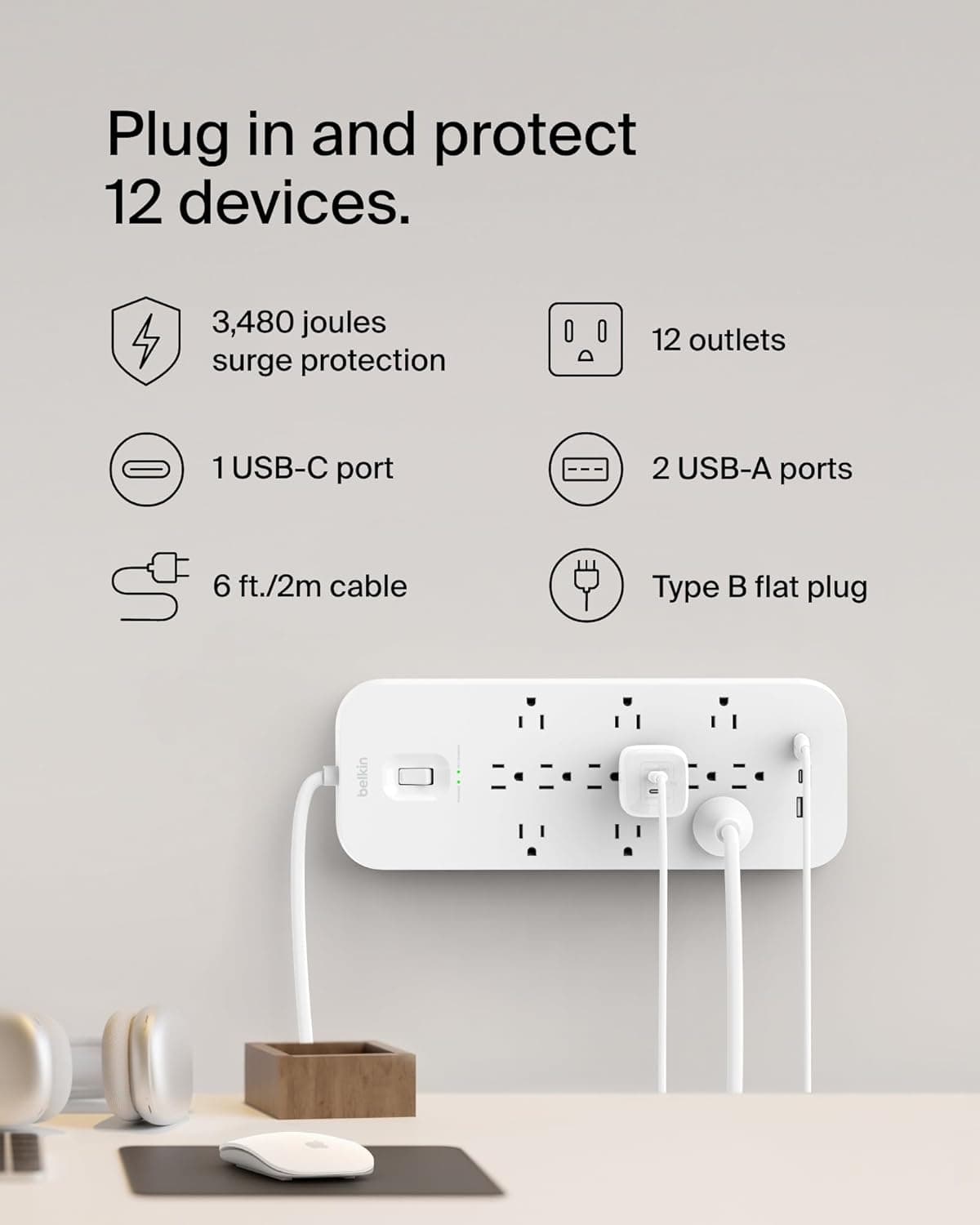 Belkin 12-Outlet USB Surge Protector with USB-C thumbnail 2
