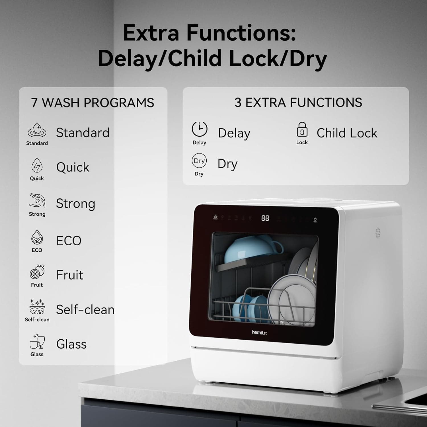 Hermitlux Countertop Dishwasher with Glass Door thumbnail 3