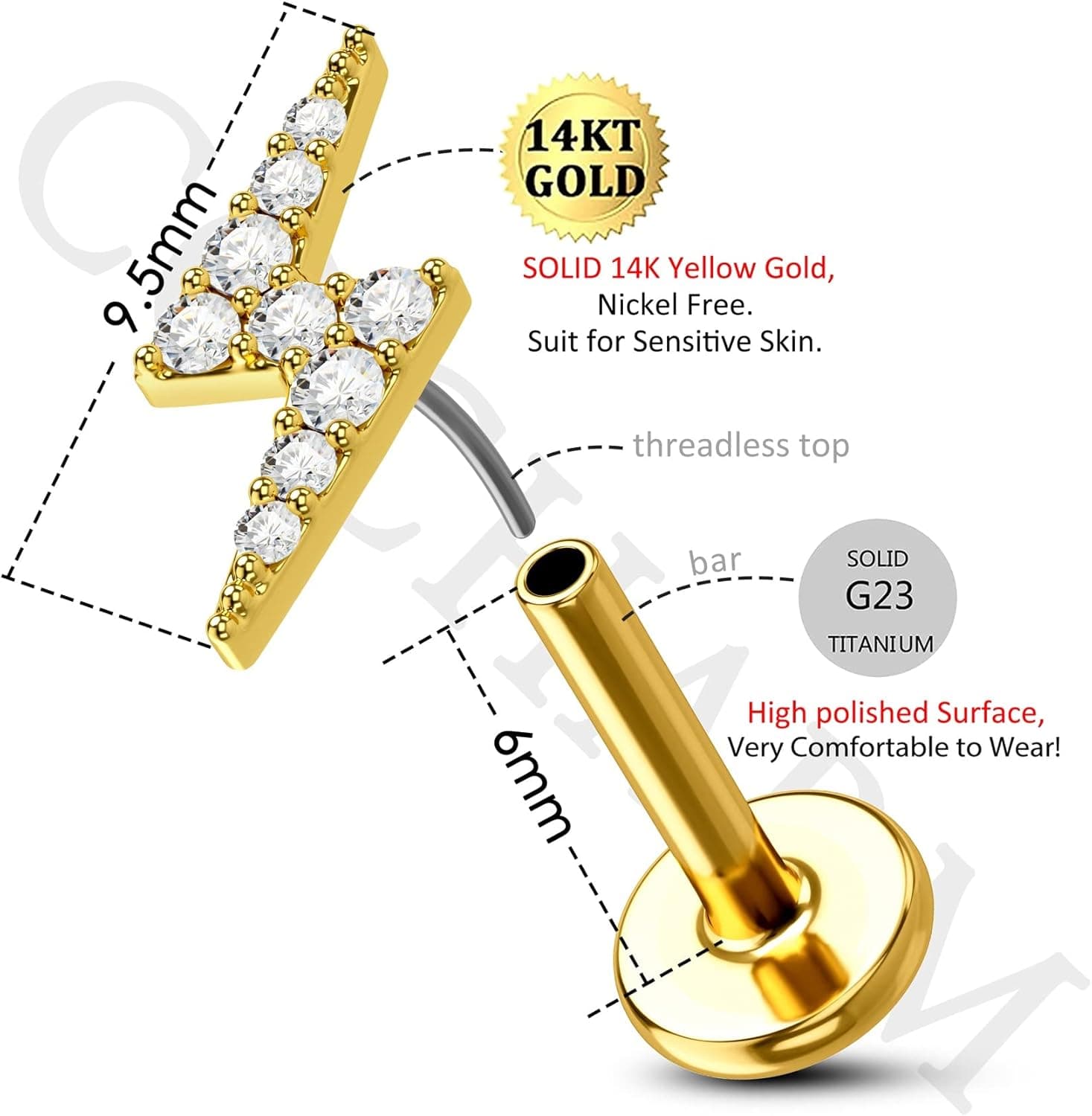 COCHARM 14K Solid Gold Flat Back Helix Earrings with Titanium Post thumbnail 2